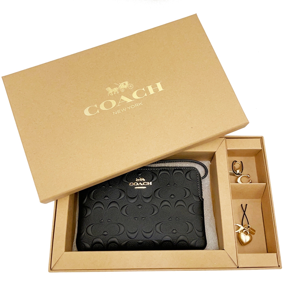 COACH 浮雕C LOGO雙吊飾手拿零錢包禮盒(黑)
