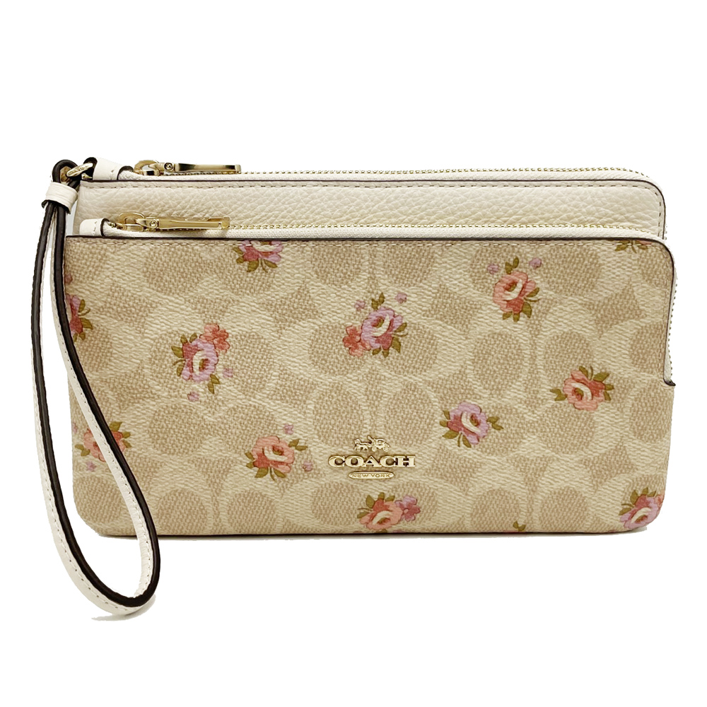 【COACH】C LOGO玫瑰印花長夾式雙層大手拿包/零錢包(米白)
