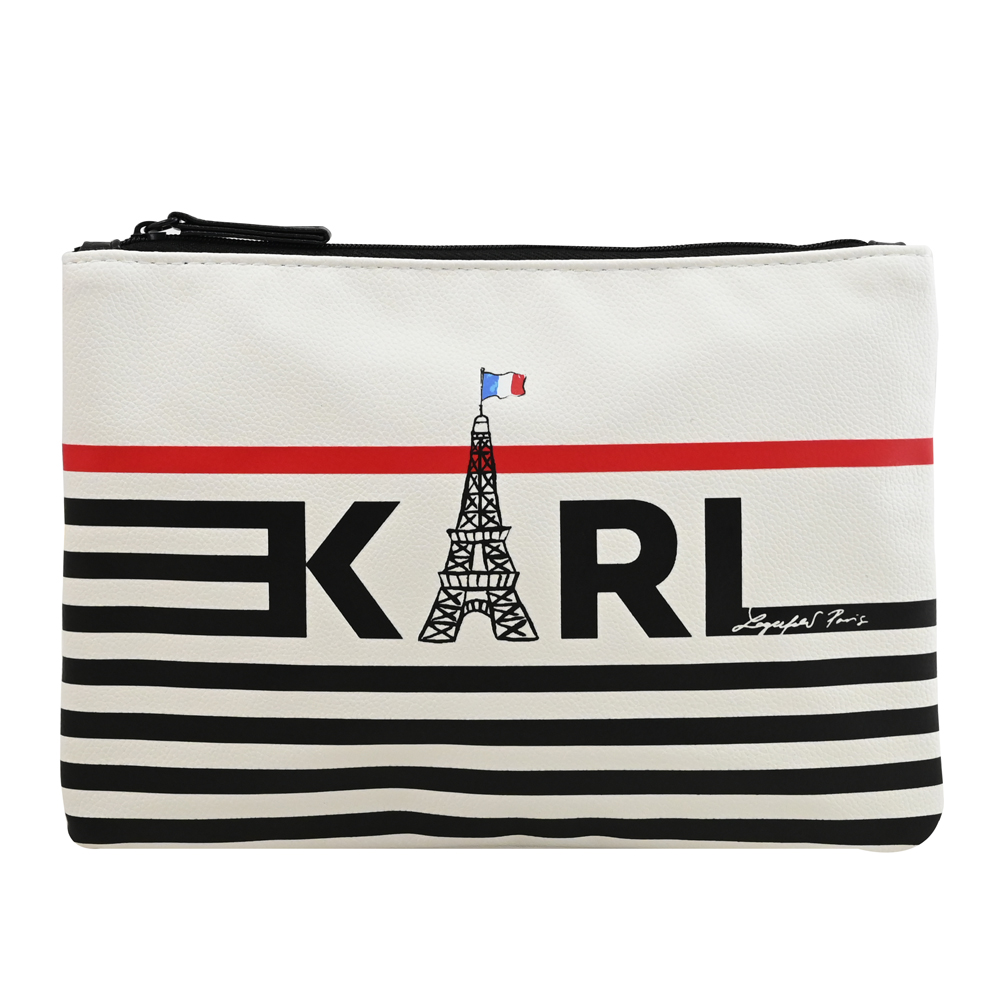 KARL LAGERFELD 卡爾 鐵塔條紋印花萬用收納包.白/黑邊