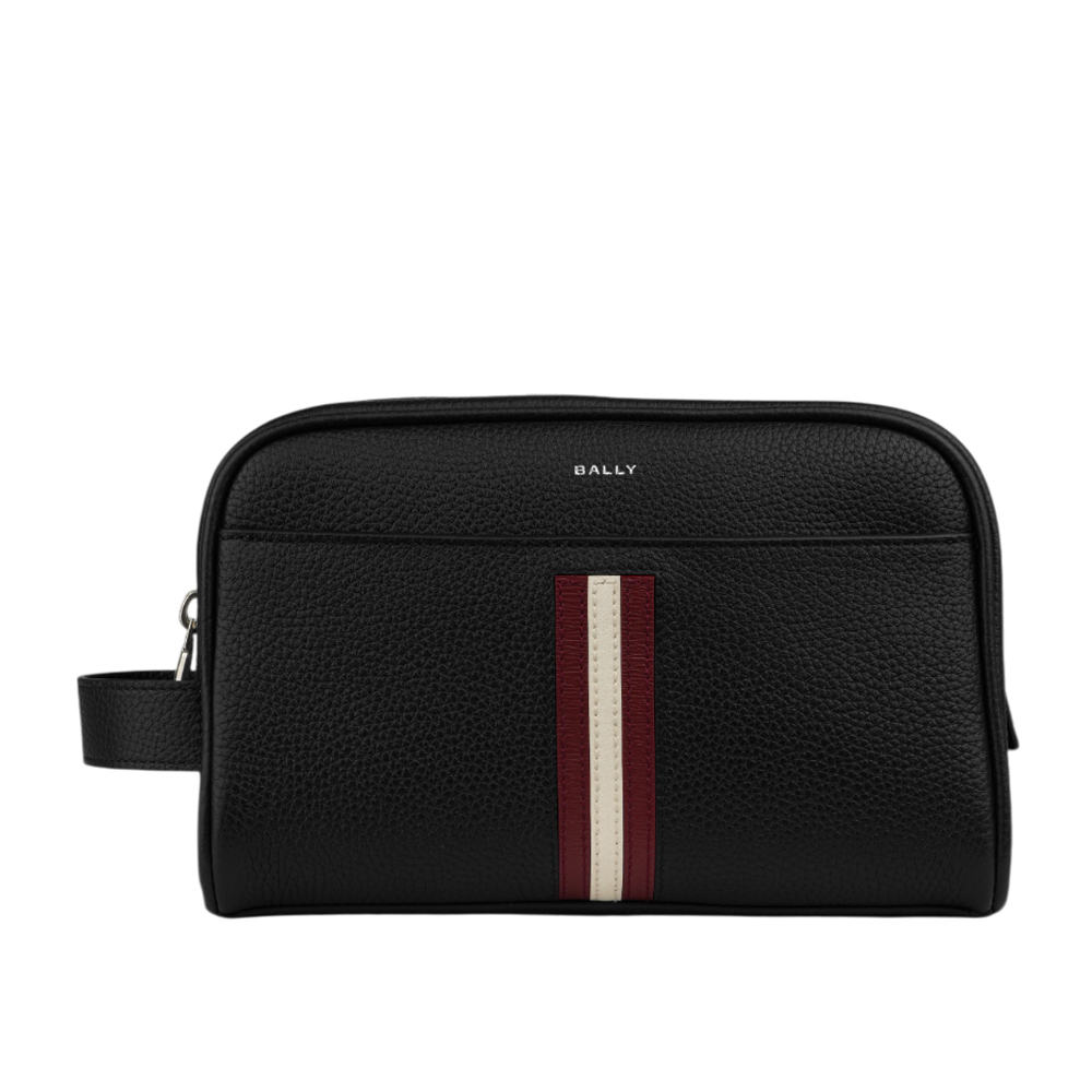 BALLY Ribbon 紅白條紋牛皮手拿包/萬用包/盥洗包(黑色) 6306534