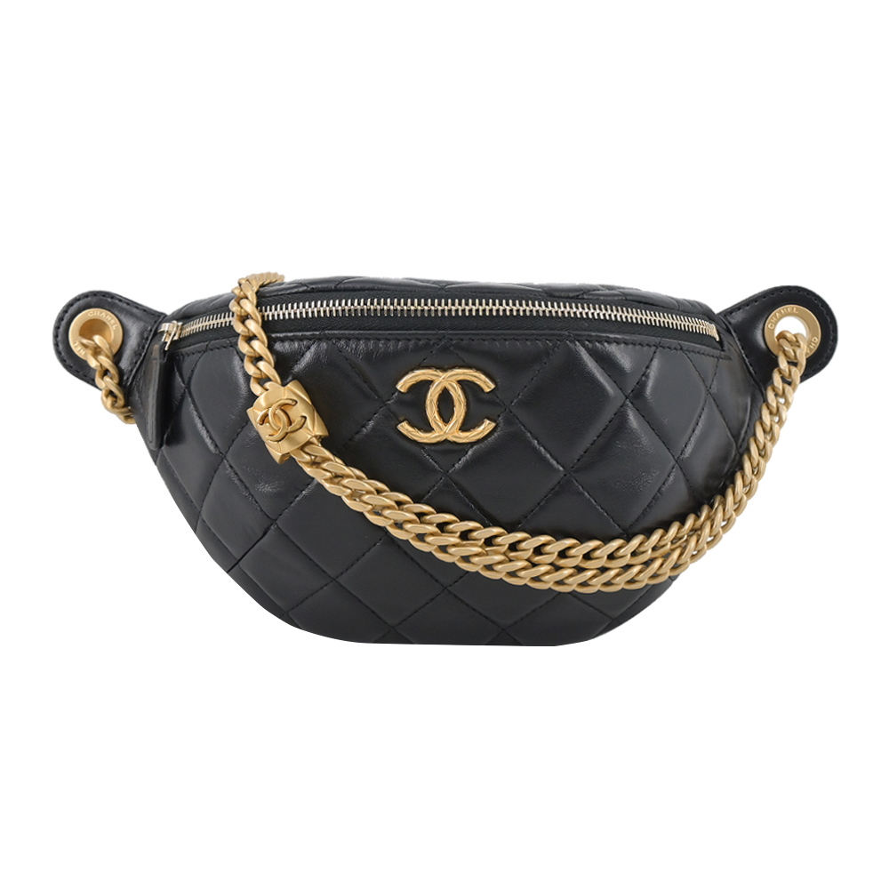 CHANEL經典螺紋雙C LOGO菱格紋小羊皮腰包(黑色)