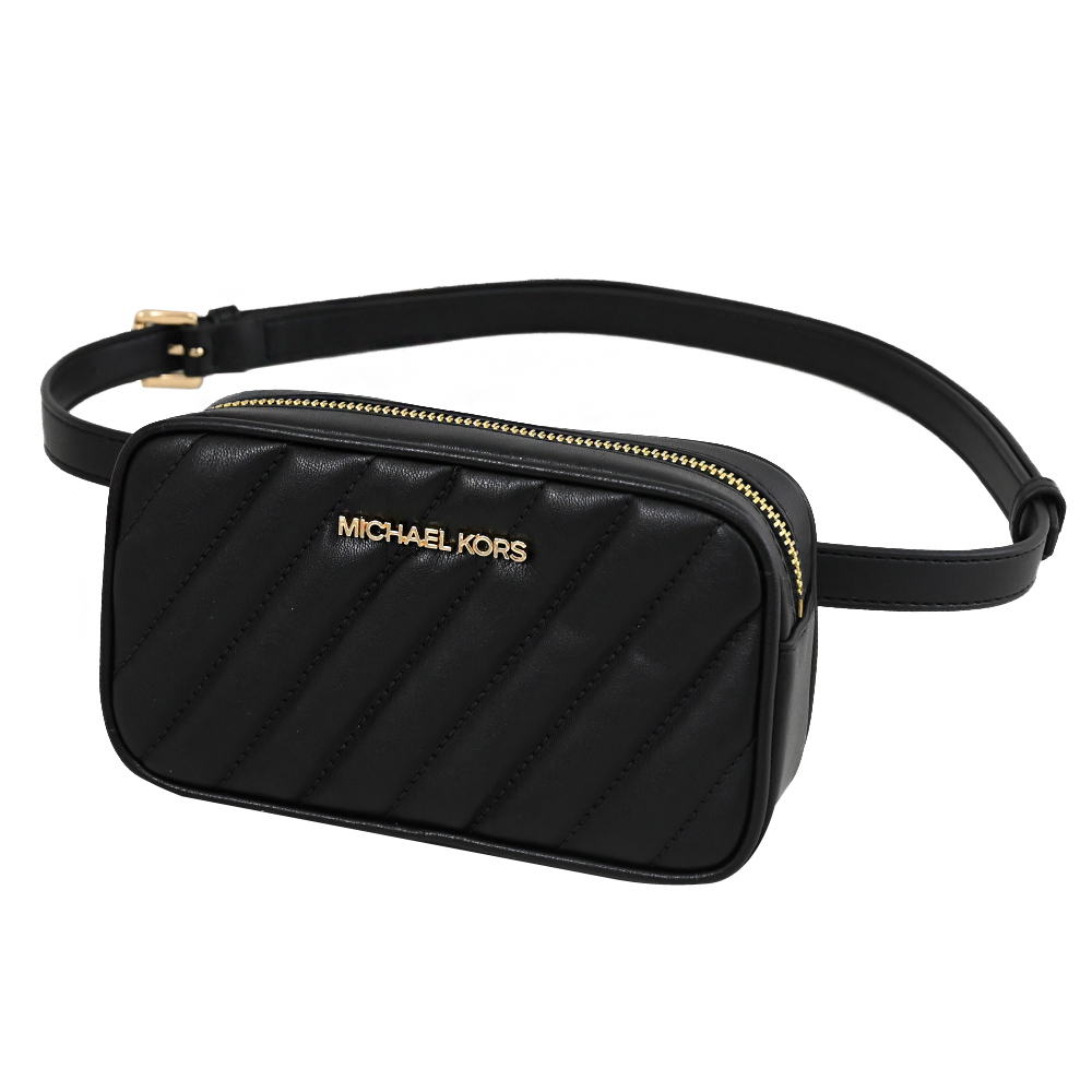 MICHAEL KORS Rose 斜格紋車線皮革三用腰包.黑/金
