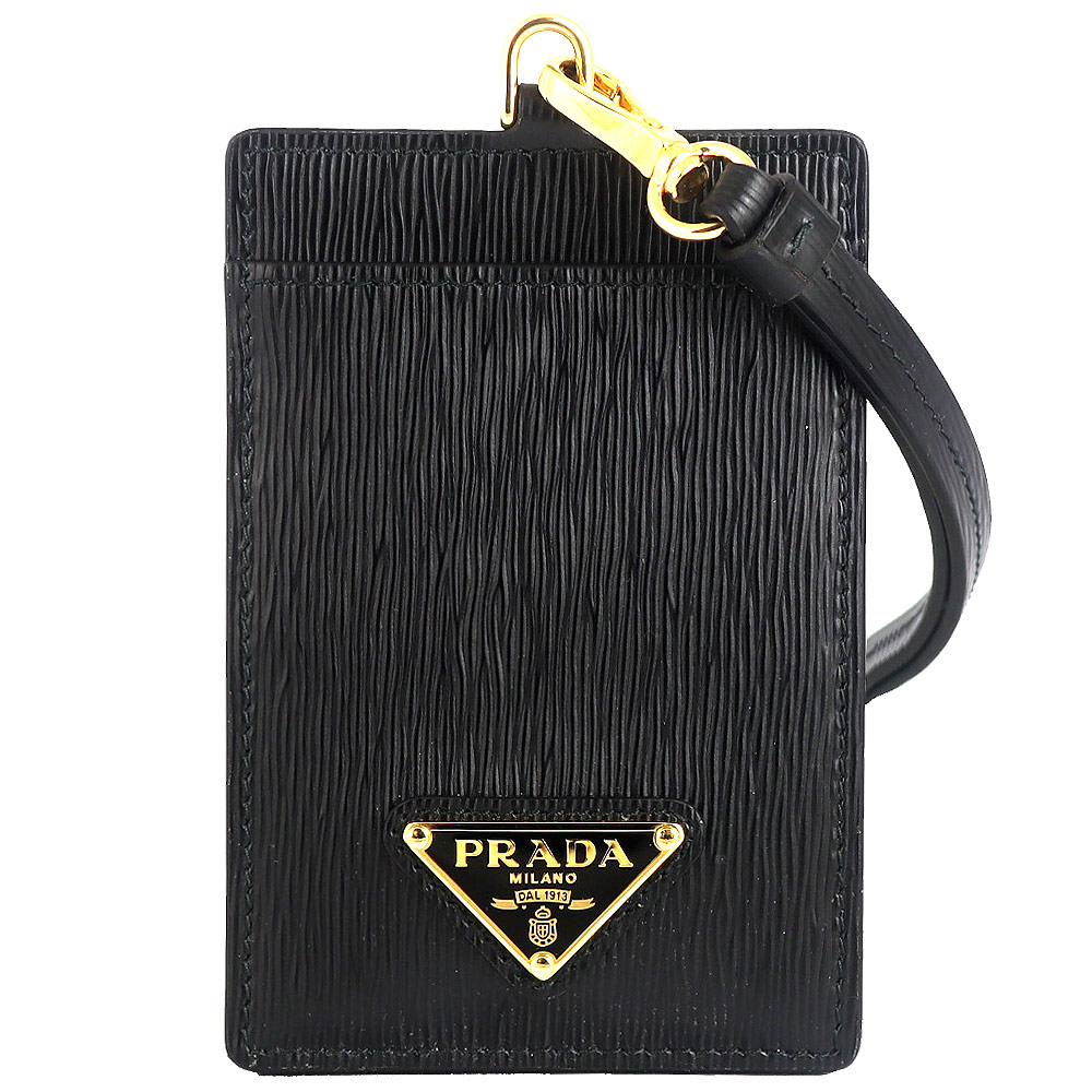 PRADA 三角標誌黑直紋皮革掛繩證件夾