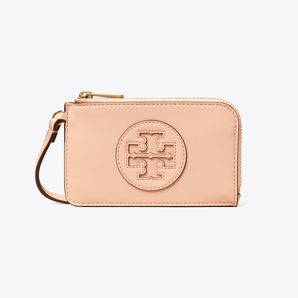 【TORY BURCH】專櫃經典款 Ella圓形皮標LOGO牛皮4卡拉鍊腕帶卡夾零錢包