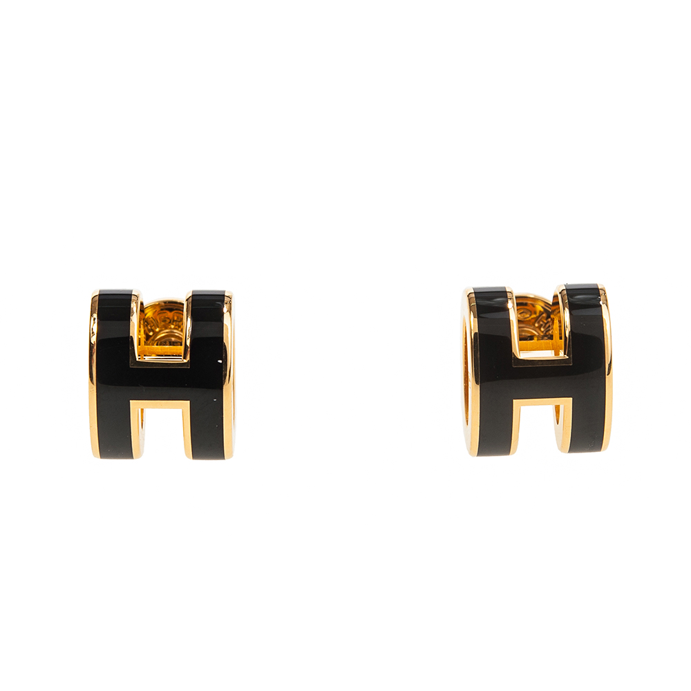 HERMES 愛馬仕 經典Pop H立體簍空橢圓LOGO耳環 (小/黑色/淺金)
