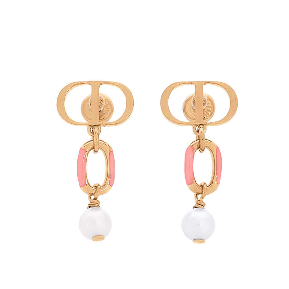DIOR Dioriviera Petit CD 亮漆垂墜珍珠針式耳環(金色/珊瑚橘) E3297WOMLQ D34R