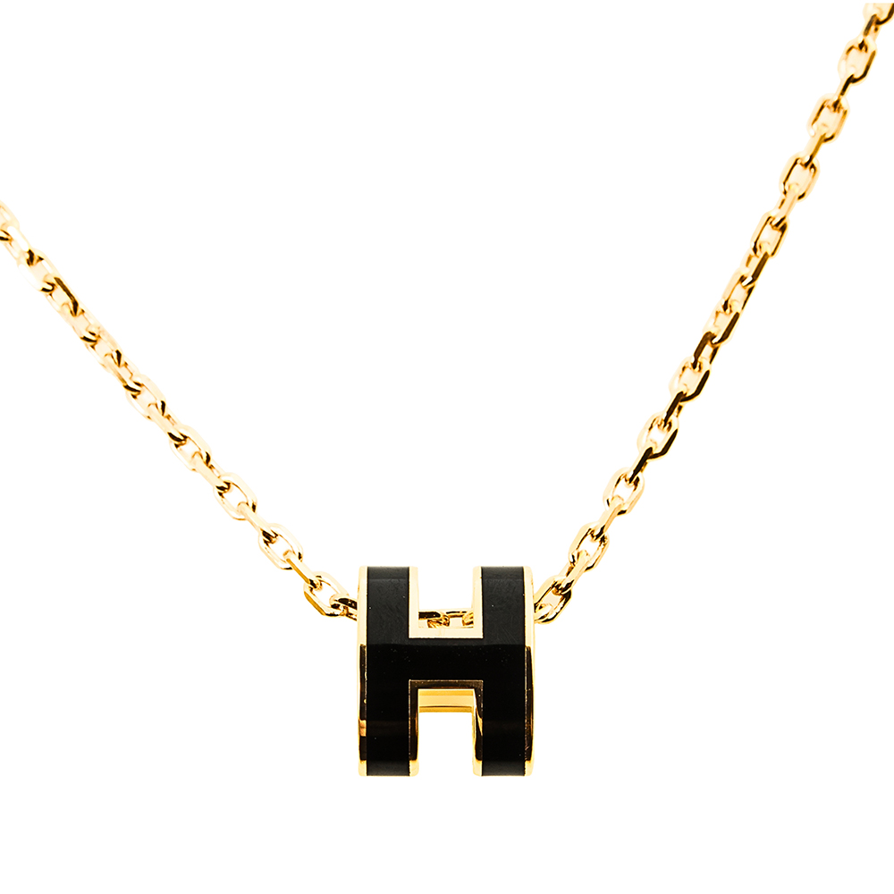 HERMES 經典Mini Pop H pendant 立體橢圓簍空項鍊 (黑/金色)