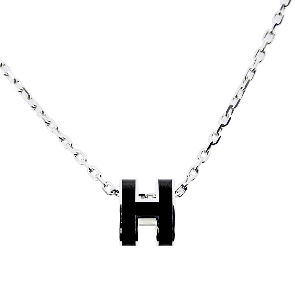 HERMES Mini Pop H pendant 立體橢圓簍空項鍊 (NOIR/銀鍊)