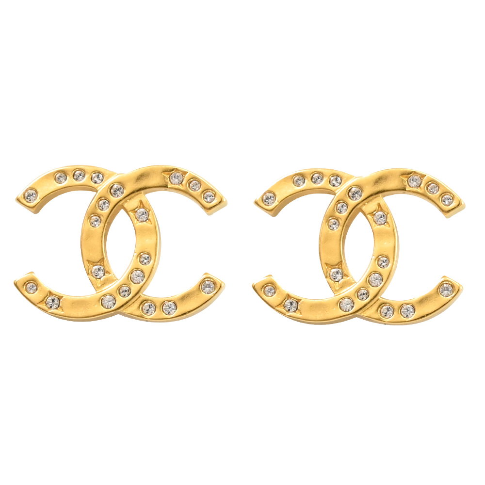 CHANEL ABE517 經典鑲嵌水鑽雙C LOGO貼耳針式耳環.金