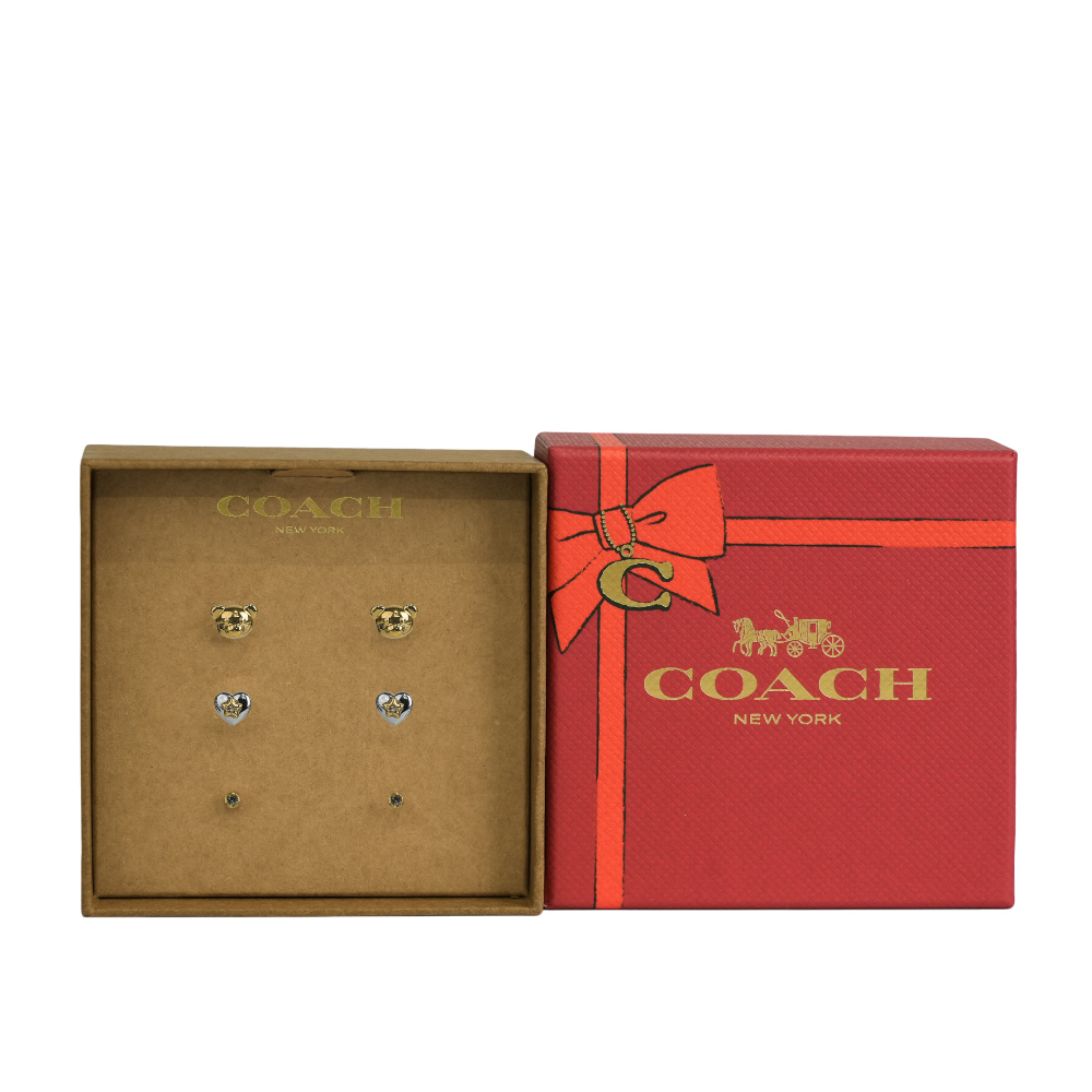 COACH 泰迪熊/愛心/圓形玻璃水鑽造型耳環禮盒組(金色/銀色) CY114 A31