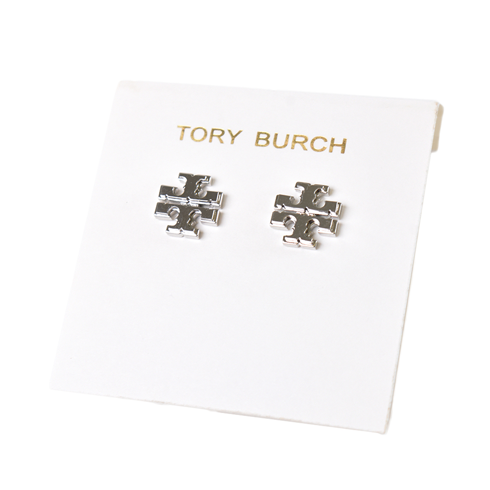 TORY BURCH 雙T LOGO針式耳環-銀色