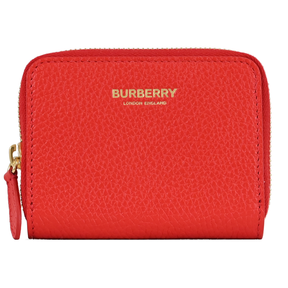 BURBERRY 8084608 簡約燙金LOGO拉鍊卡片零錢包.紅