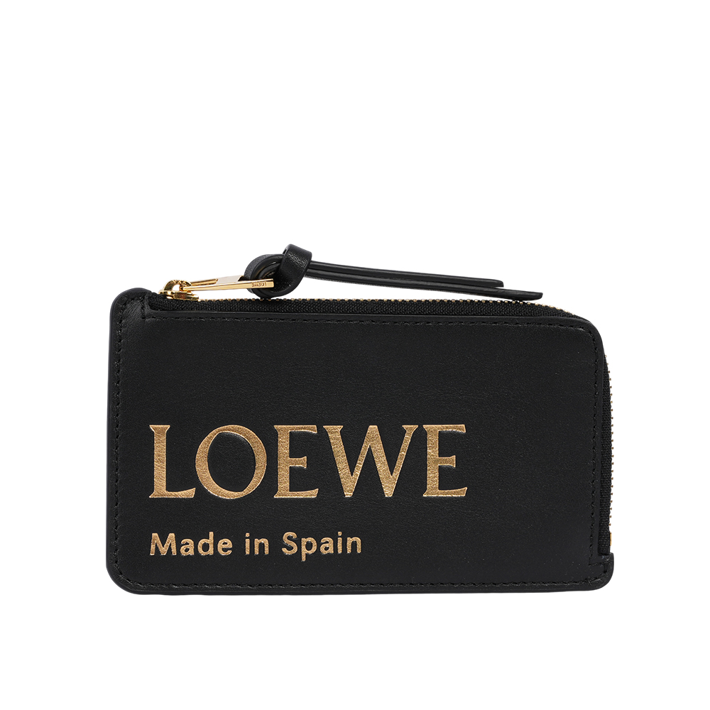 LOEWE 金色Logo 燙印小牛皮拉鍊零錢包/卡夾包(黑色) CLE0Z40X01 1100