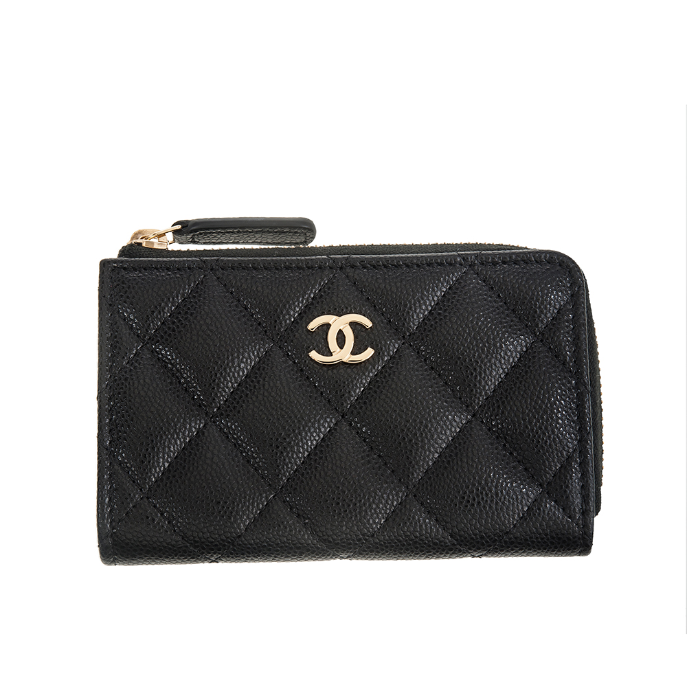 CHANEL 香奈兒 經典荔枝牛皮CC LOGO鑰匙釦拉鍊零錢包 (黑色)