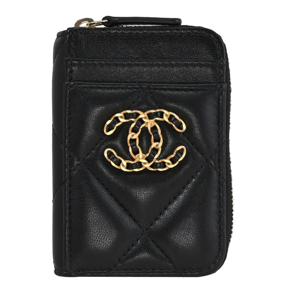 CHANEL AP2701 經典19系列小羊皮拉鍊卡片零錢包.黑/金
