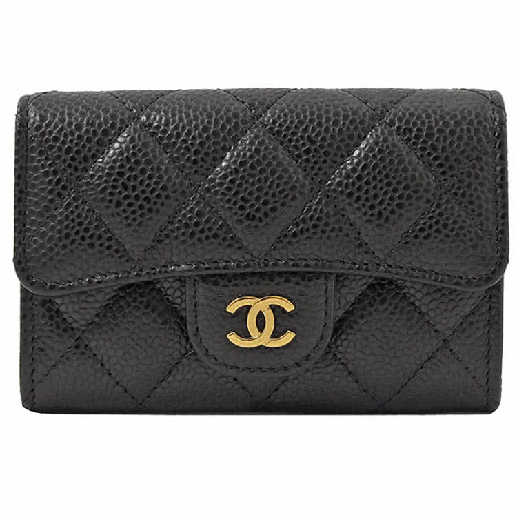 CHANEL AP0214 雙C LOGO菱格紋牛皮名片零錢夾.黑/金