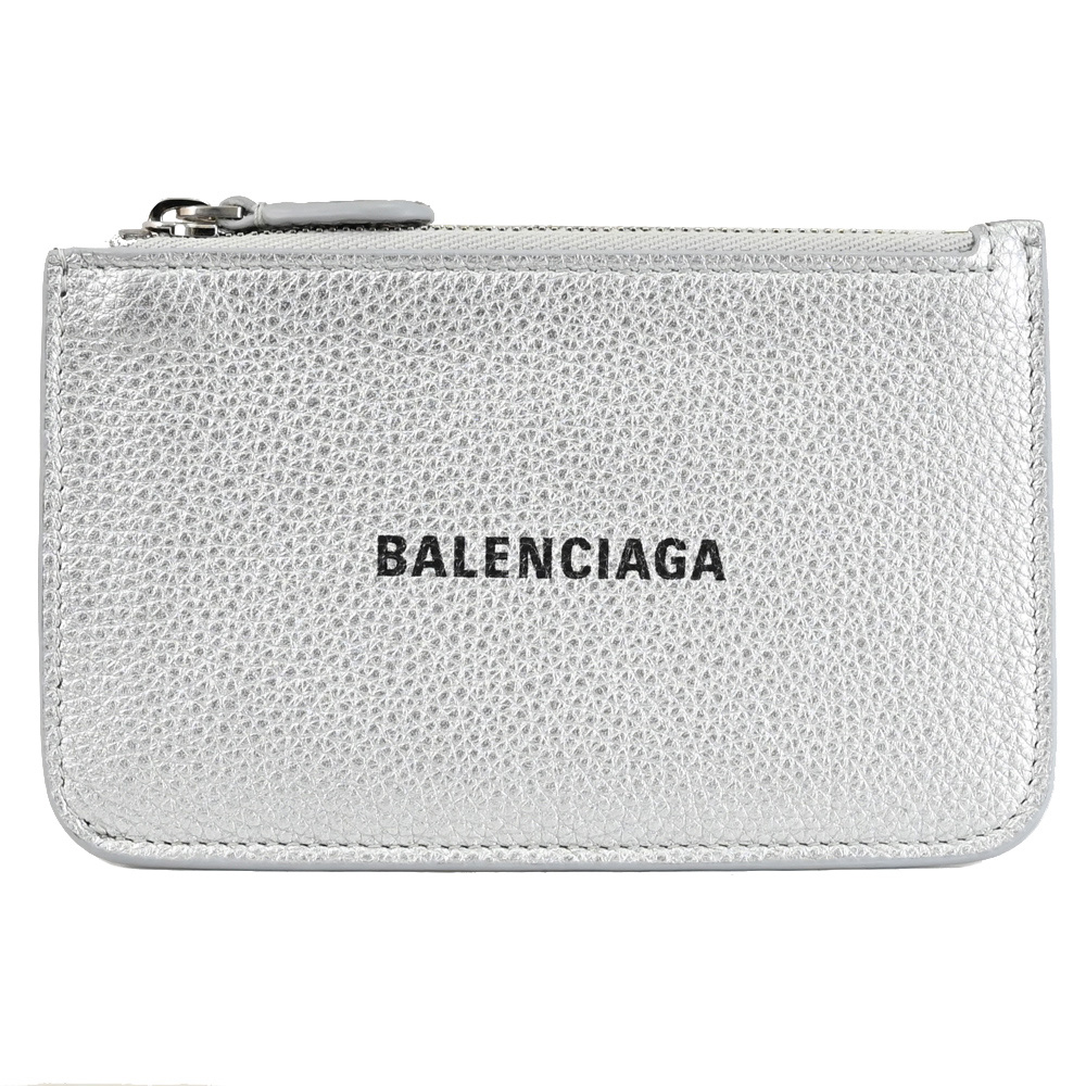 BALENCIAGA 巴黎世家 637130 經典印字LOGO荔枝牛皮零錢卡包.銀