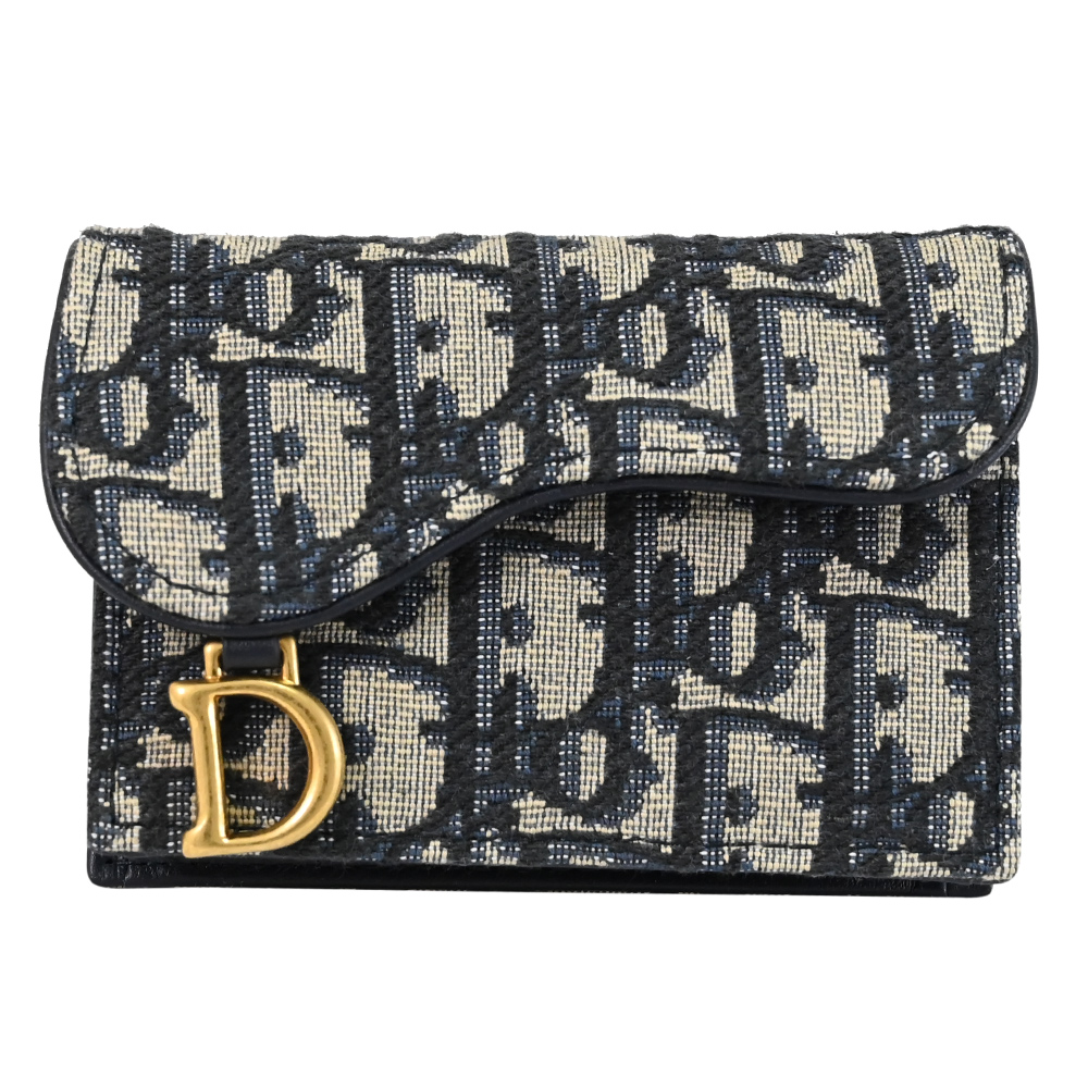 Christian Dior Saddle 滿版LOGO緹花釦式卡片零錢包.深藍