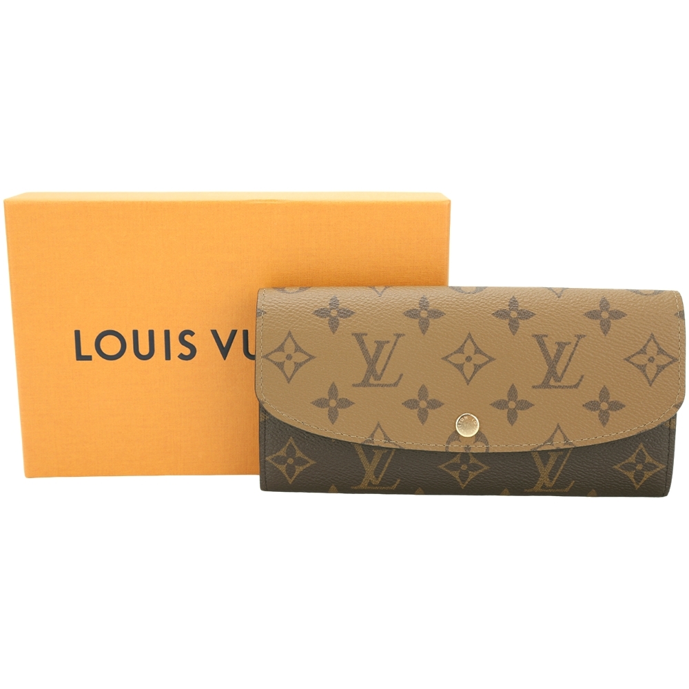 Louis Vuitton 路易威登 M82157 Emilie 雙色老花塗層帆布印花信封式長夾(黑內裡/咖啡色)