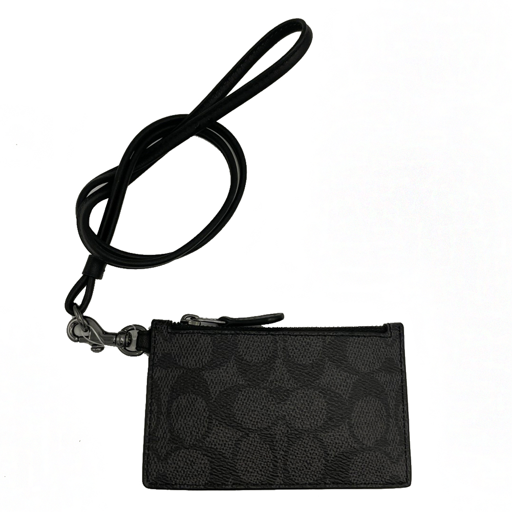 【COACH】C LOGO男中性款信用卡名片卡夾掛頸零錢包(黑灰)