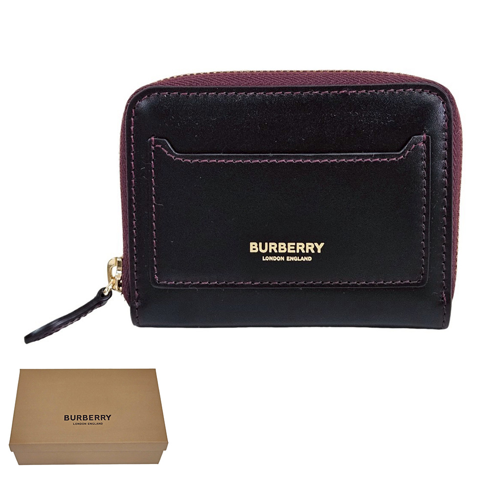 BURBERRY 巴寶莉 酒紅拚黑拉鍊零錢包/贈原廠防塵袋紙袋紙盒