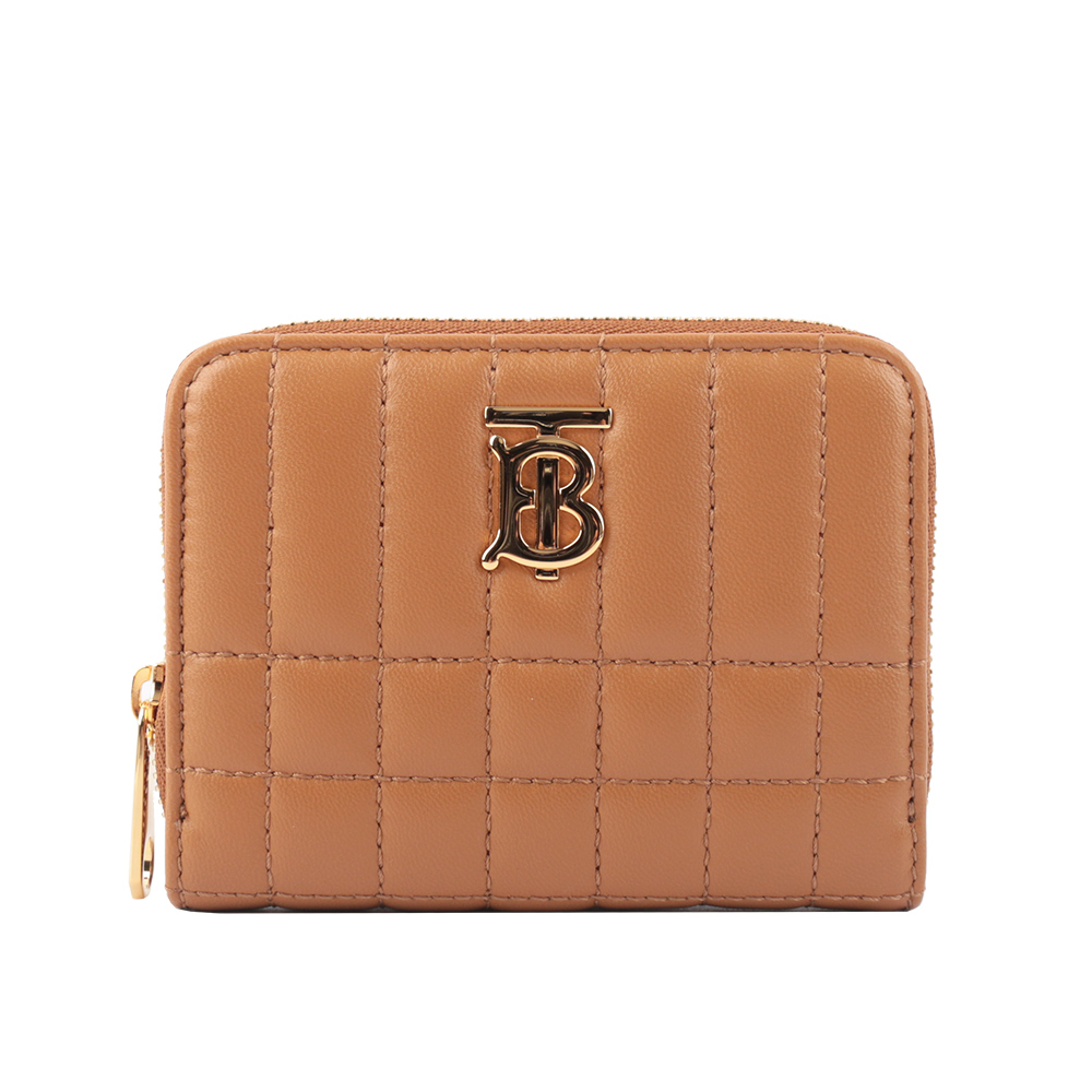 BURBERRY Lola 小羊皮縫線設計ㄇ形拉鍊零錢包(楓木棕色) 8062375 B1475
