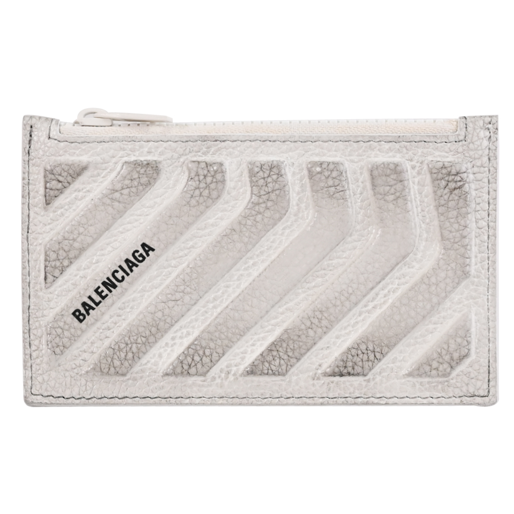 BALENCIAGA 巴黎世家 663714 品牌LOGO荔枝牛皮零錢卡包.刷舊白