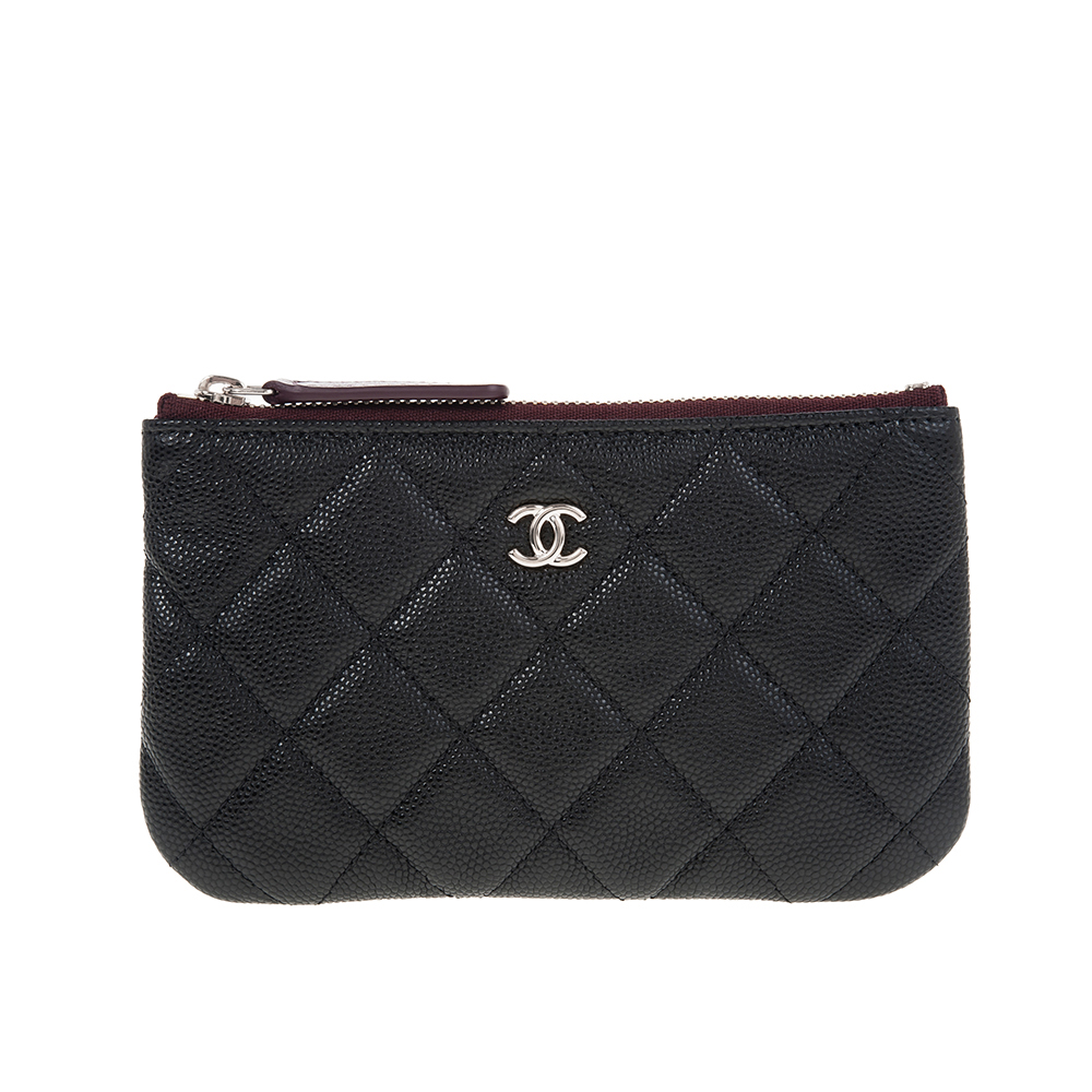 CHANEL香奈兒 經典雙C LOGO菱格荔枝紋牛皮銀釦拉鍊零錢包 (黑色)