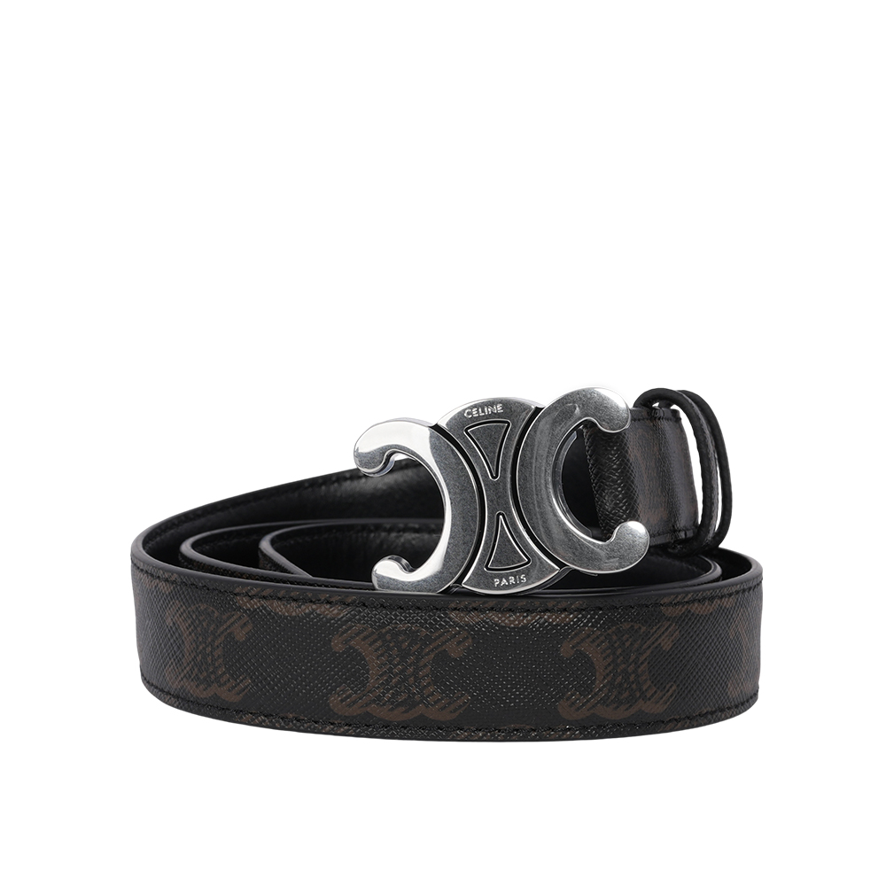CELINE TRIOMPHE 銀釦塗層帆布中腰皮帶/寬2.5cm (黑色) 45AKA2ACO.38SI