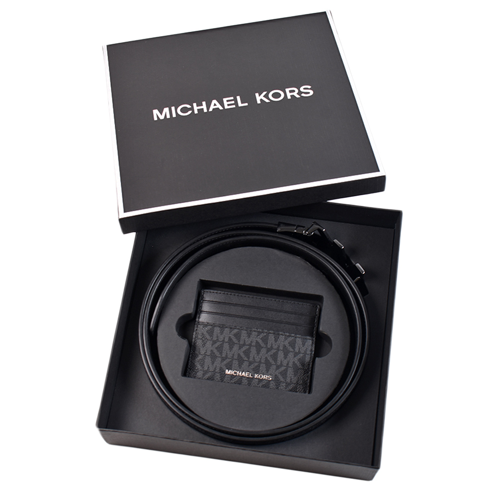 MICHAEL KORS 男款 鐵灰MK緹花LOGO防刮雙面用皮帶/名片夾禮盒-黑色