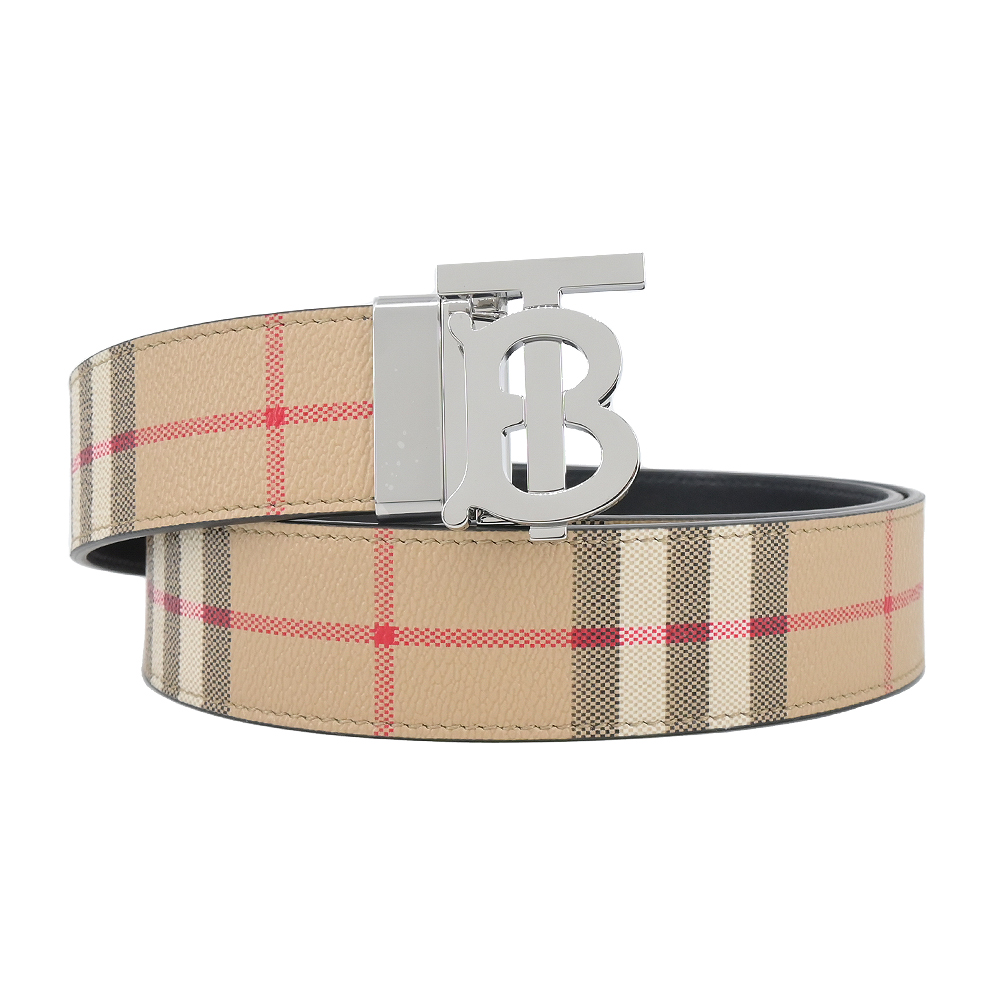 BURBERRY TB LOGO經典格紋拼接皮革雙面用男士皮帶(卡其)