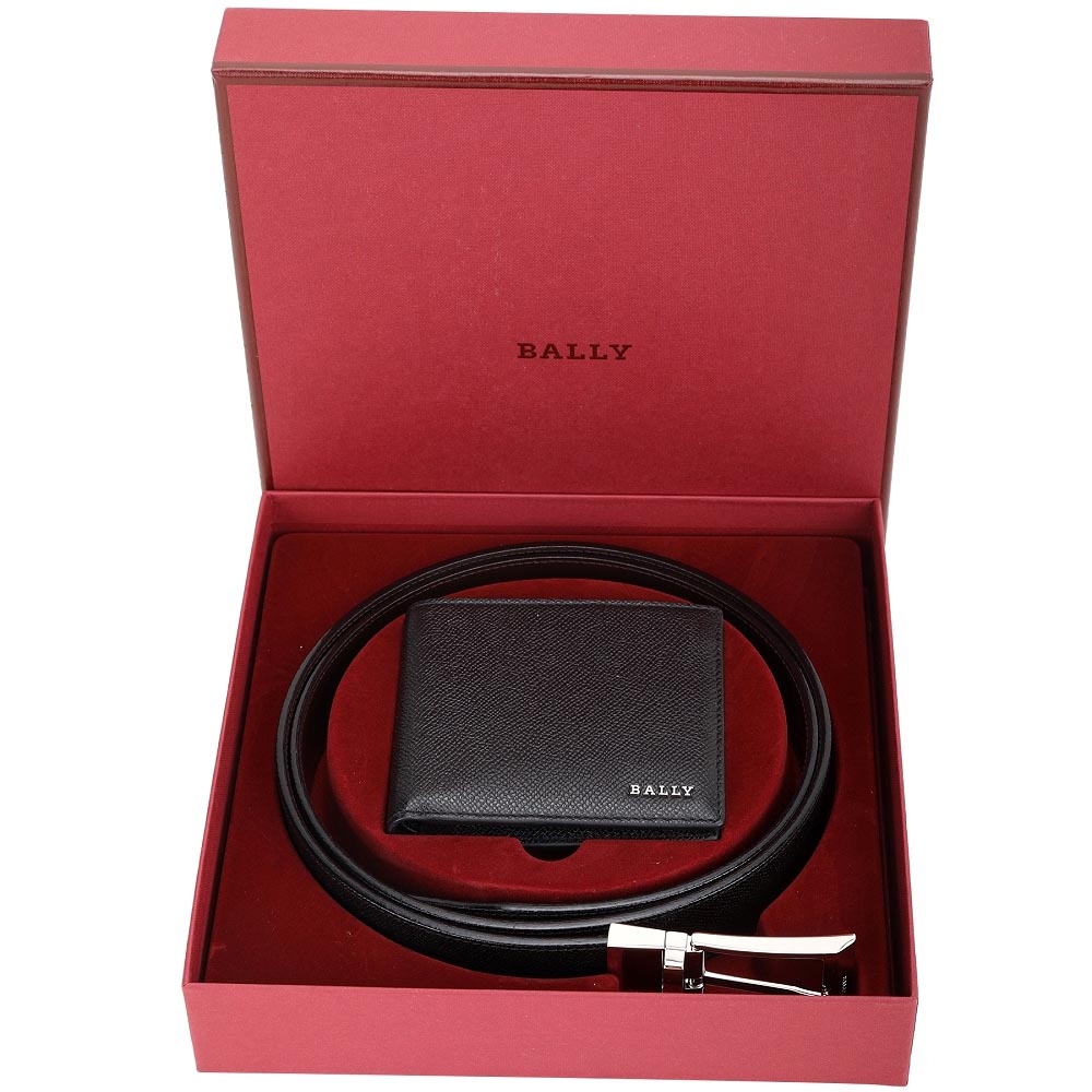 BALLY 牛皮八卡短夾+雙面用牛皮腰帶禮盒(黑x咖啡)