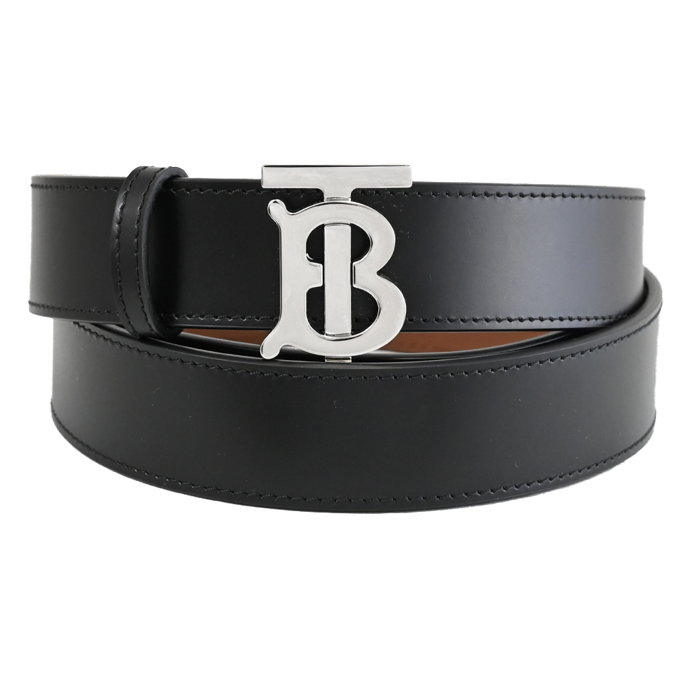 BURBERRY 8071833 經典滑面牛皮銀扣雙面穿扣式皮帶.黑/咖
