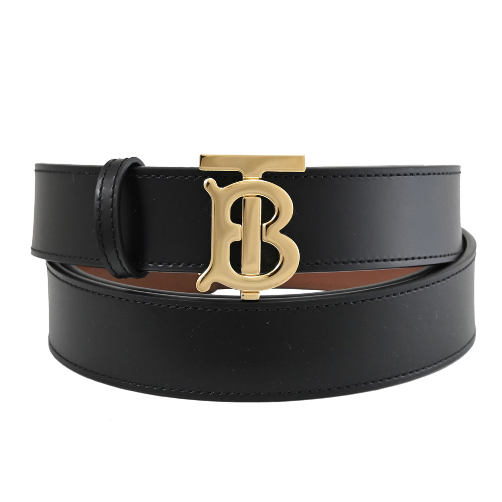 BURBERRY 8052486 經典滑面牛皮金扣雙面穿扣式皮帶.黑/咖