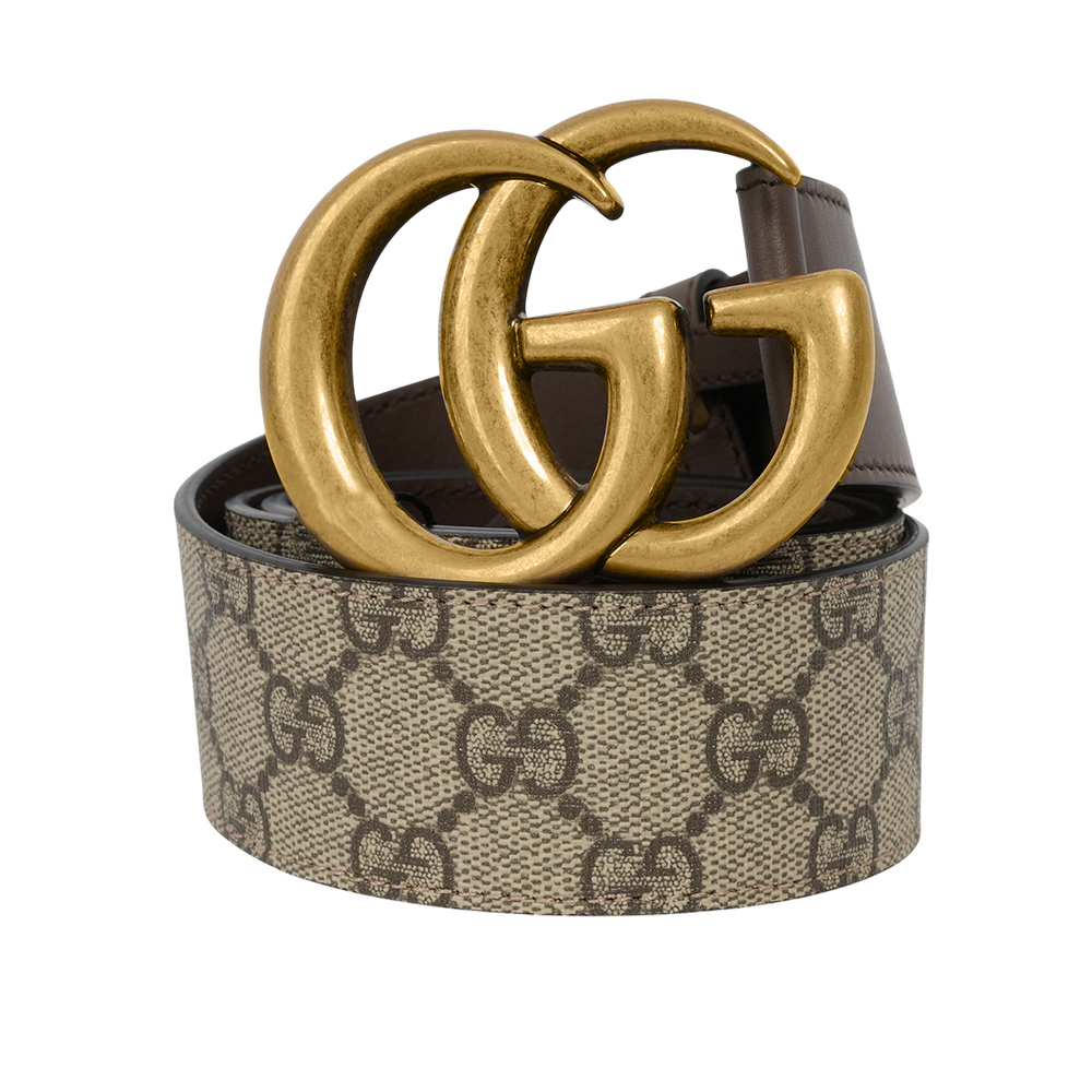GUCCI 霧金雙G Logo 防水皮革拼牛皮皮帶 85cm(米色/棕色) 400593 92TLT 8358