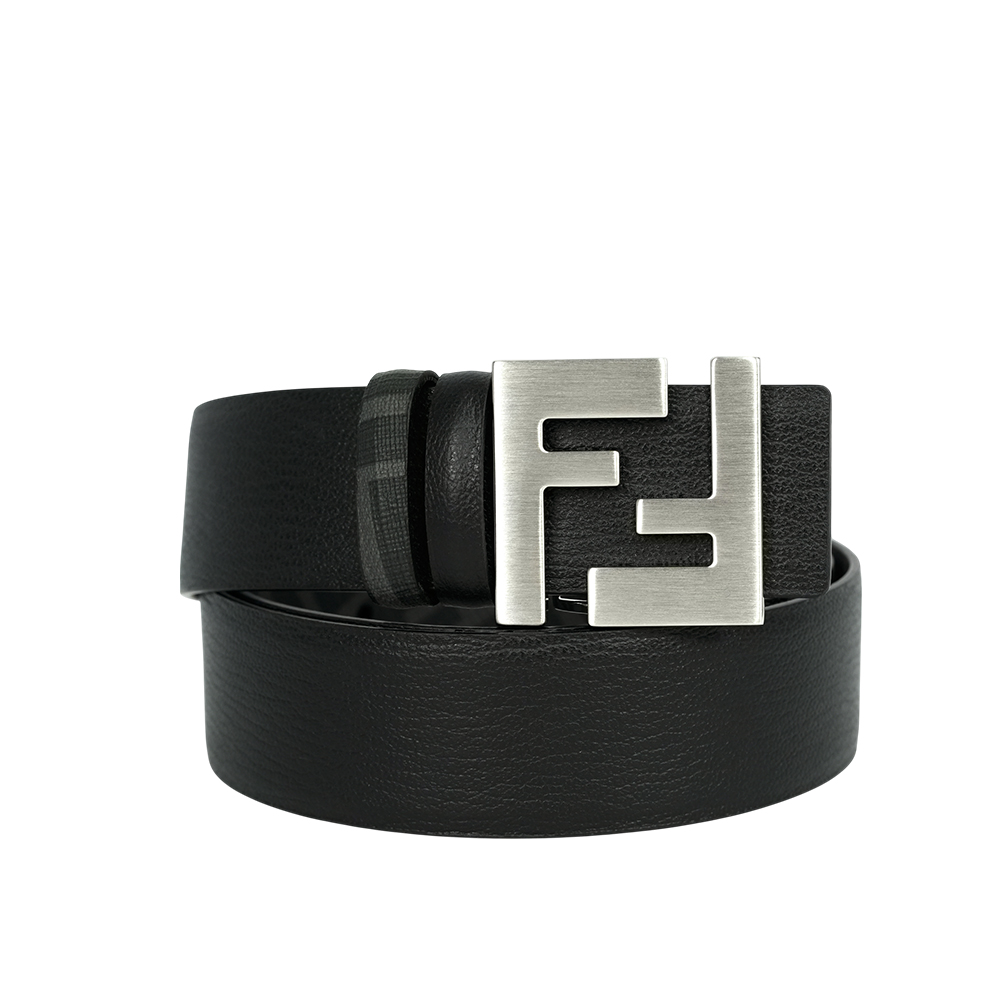 FENDI FF Squared 銀釦帆布及牛皮雙面可用皮帶(黑色/黑灰色)