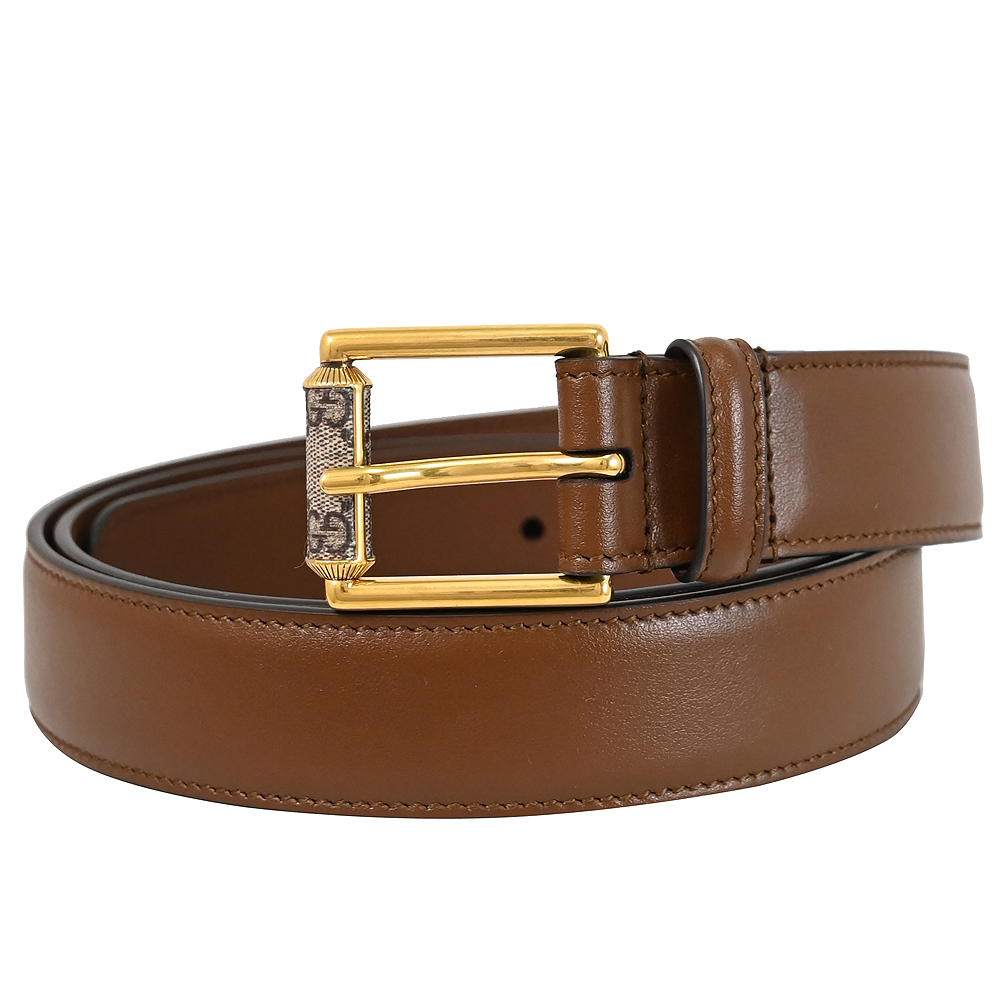 GUCCI 731775 皮革經典E字穿扣式皮帶.咖