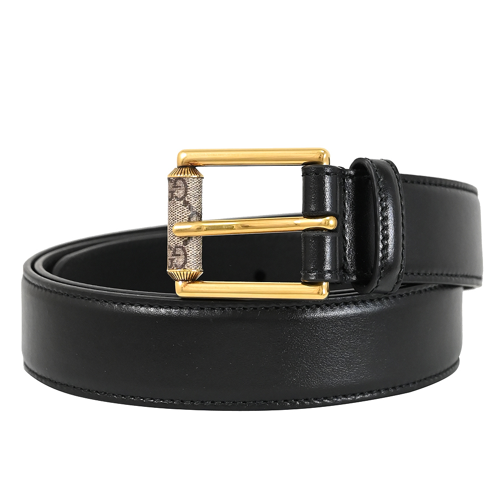 GUCCI 731775 皮革經典E字穿扣式皮帶.黑