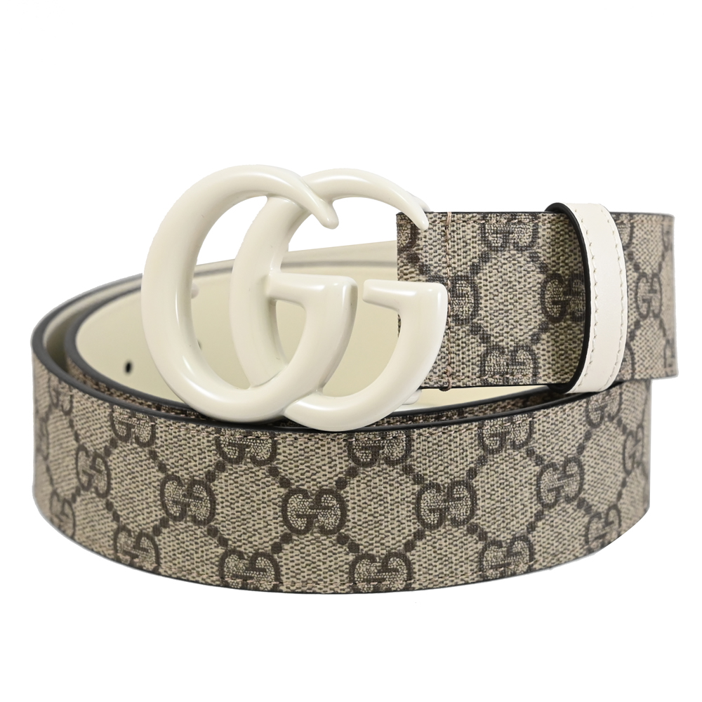 GUCCI 400593 GG Marmont 塗層金屬LOGO緹花皮革皮帶.白邊