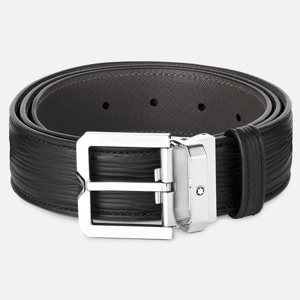 【MontBlanc 萬寶龍】樹皮印花 穿式皮帶3.5cm- 黑色