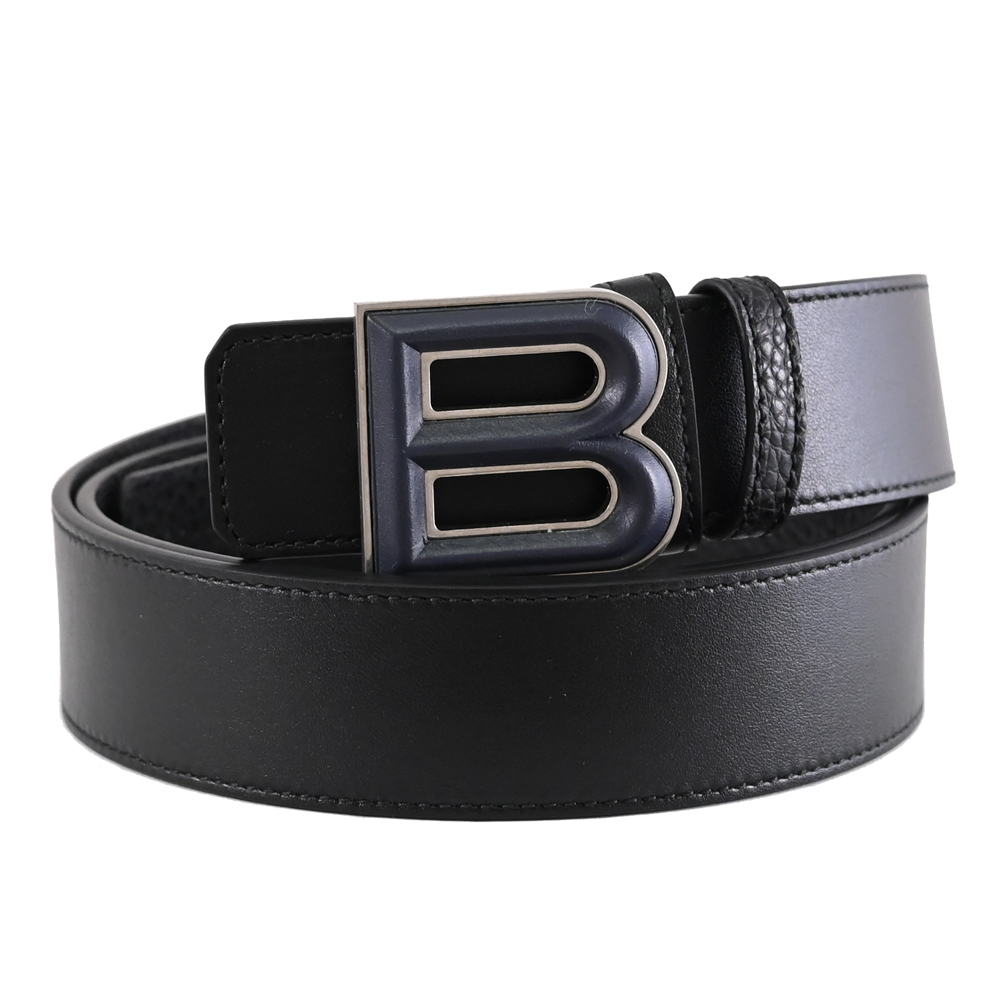 BALLY 6308796 BOLD 金屬皮革B扣飾雙麵皮帶.黑/深藍