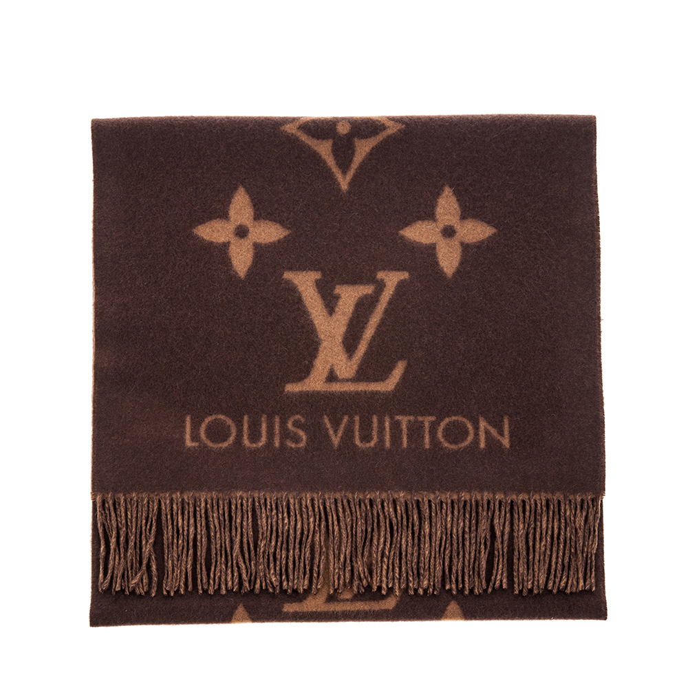 LOUIS VUITTON LV 路易鹹登 M78125 新款Monogram圖案山羊絨Reykjavik流蘇圍巾 (咖啡色)