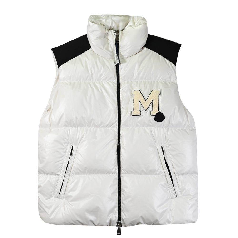 MONCLER 品牌LOGO徽章雙向拉鍊羽絨背心.白/黑邊