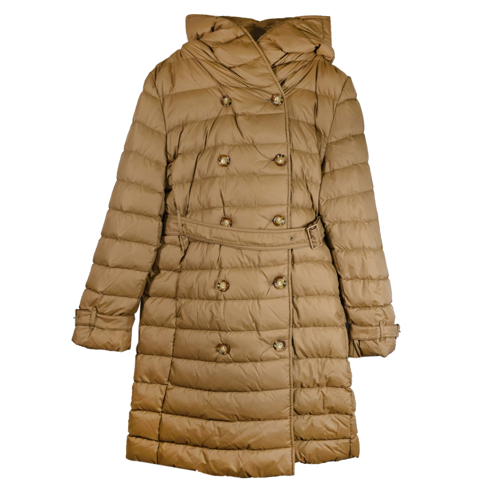 BURBERRY 8091110 WITLEY 繫腰帶連帽款長版羽絨外套.咖