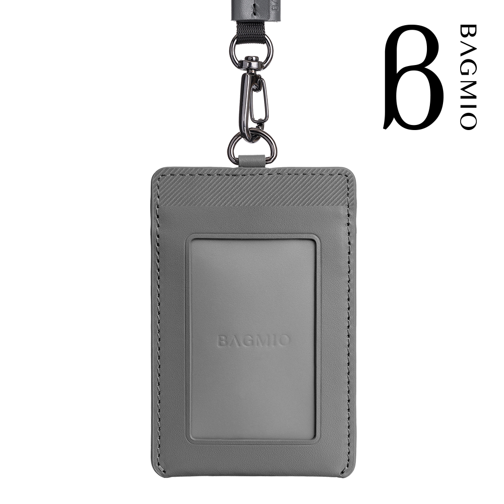 BAGMIO 牛皮直式雙卡證件套 -灰 (附織帶/膠片視窗)