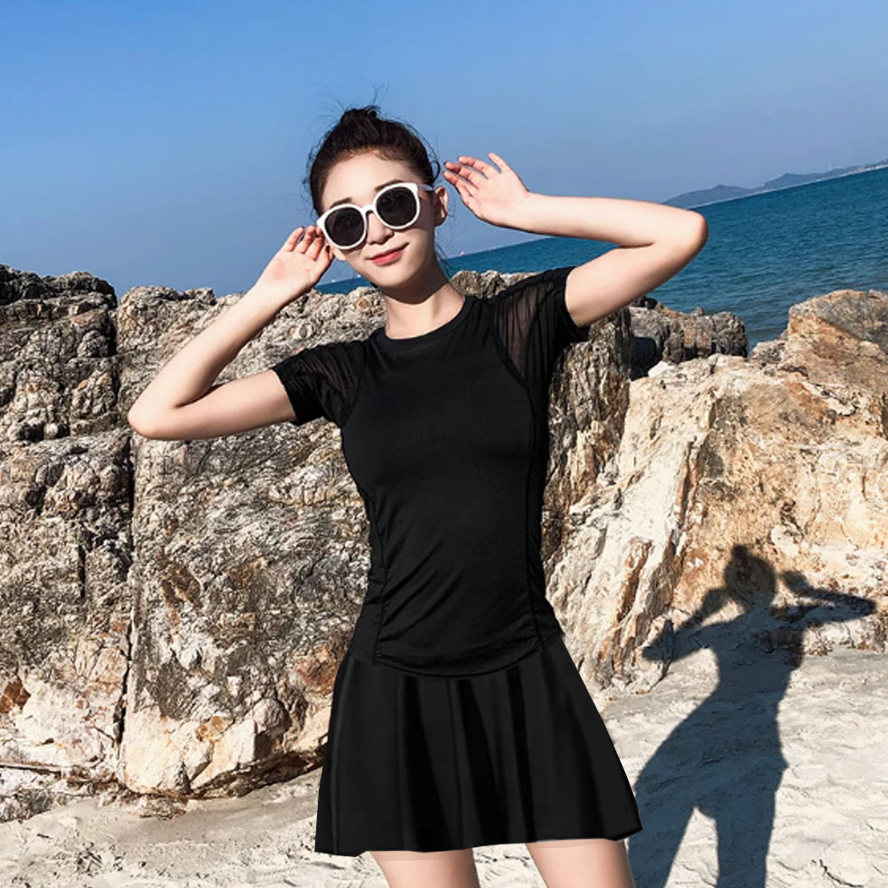 比基尼妮.芹英短袖後網紗泳裙三件式泳衣泳裝(M-3L)
