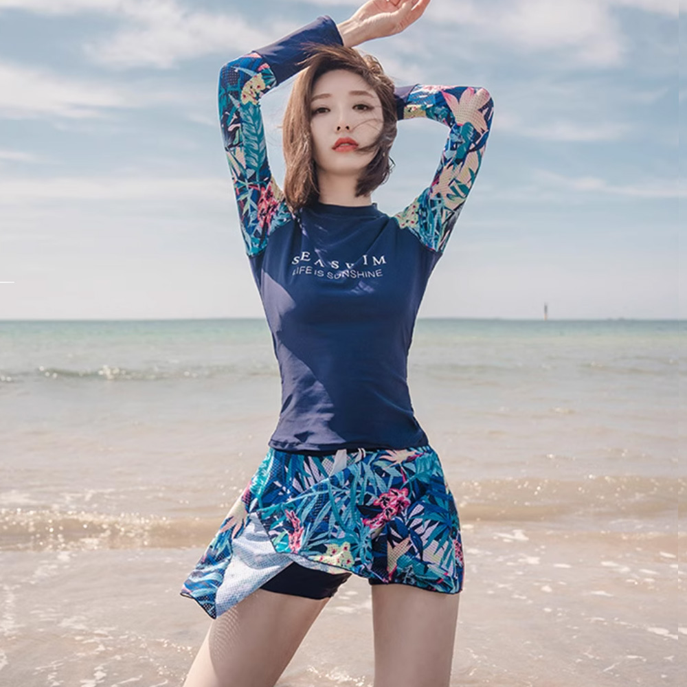 比基尼妮.露丹花長袖泳衣二件式裙泳裝(M-3L)