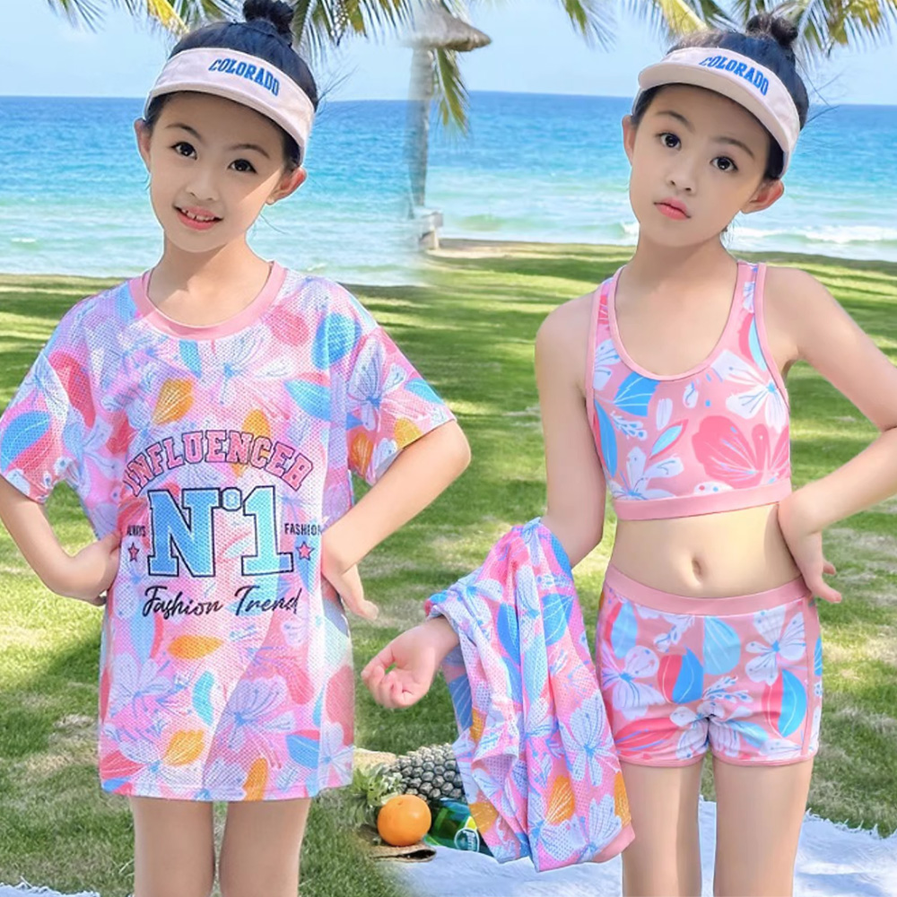 比基尼妮.泳衣蒂儂短袖網眼三件式大童泳裝(3-5L)
