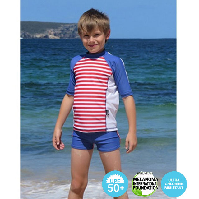 澳洲鴨嘴獸兒童泳衣 防曬短袖上衣+游泳萊卡短褲套組 男童4-14歲 航海藍系列