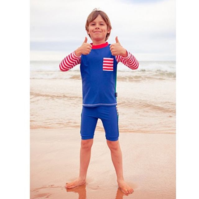 澳洲鴨嘴獸兒童泳衣 防曬長袖上衣+游泳馬褲套組 男-童4-14 歲 航海藍系列